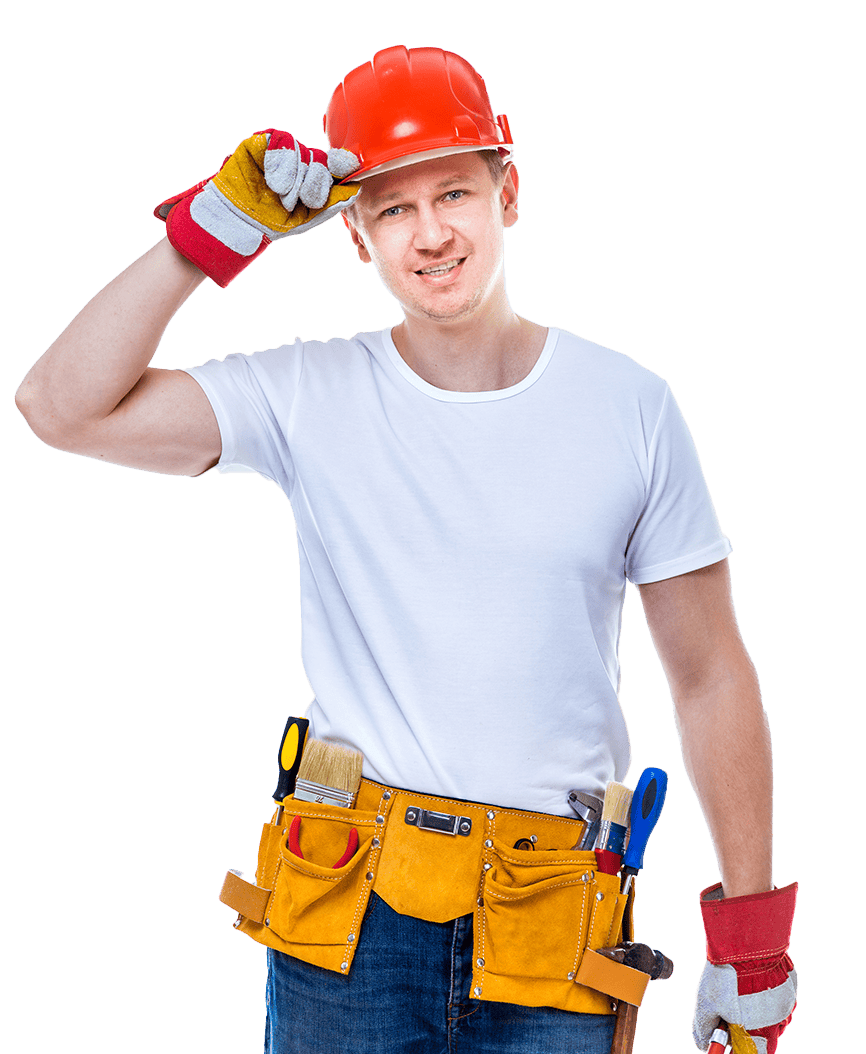 A construction worker in a white t-shirt and orange hard hat, wearing gloves and an apron with various tools and brushes.