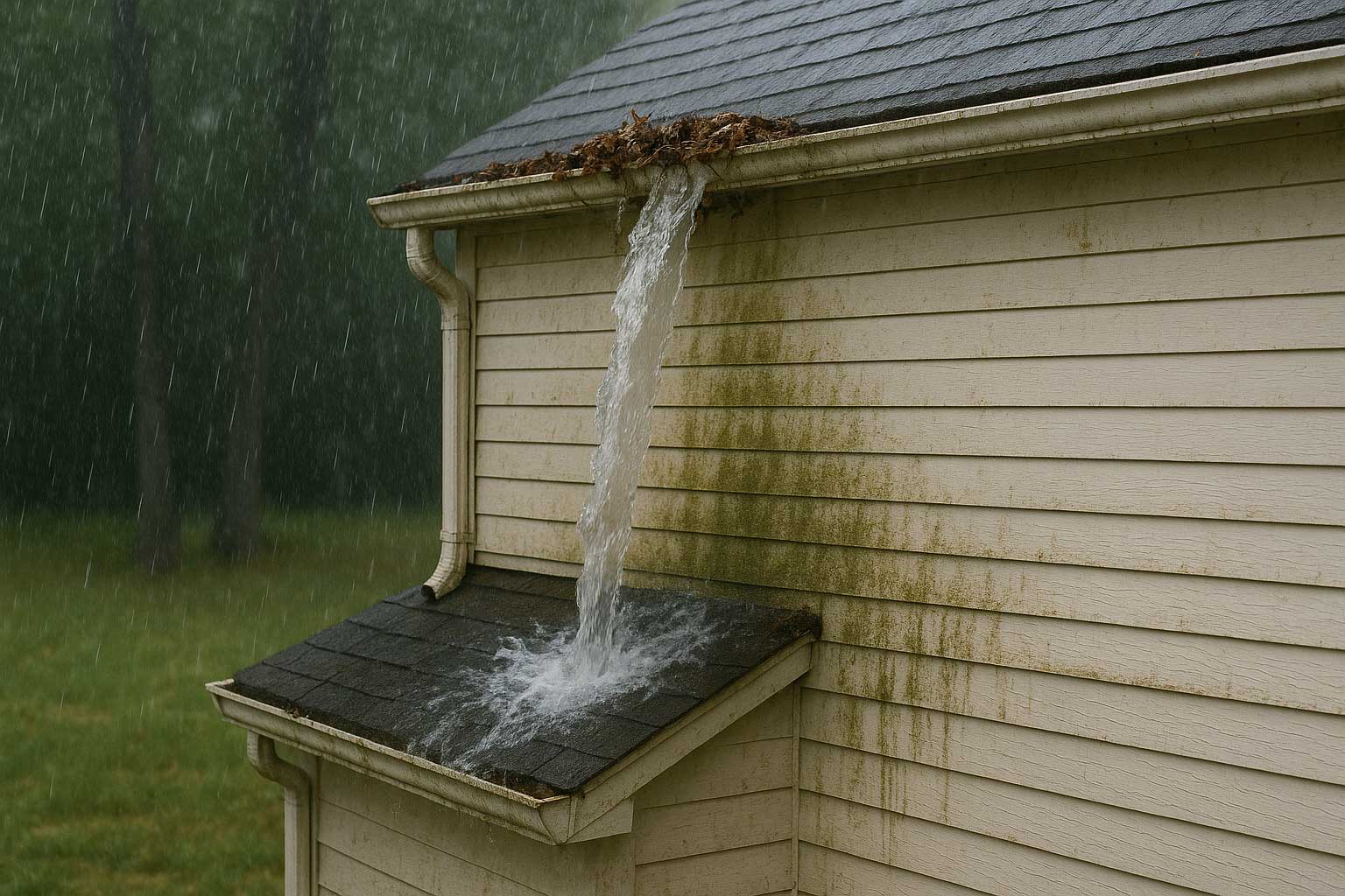 Rainwater overflowing from clogged gutters, damaging the home's painted siding.