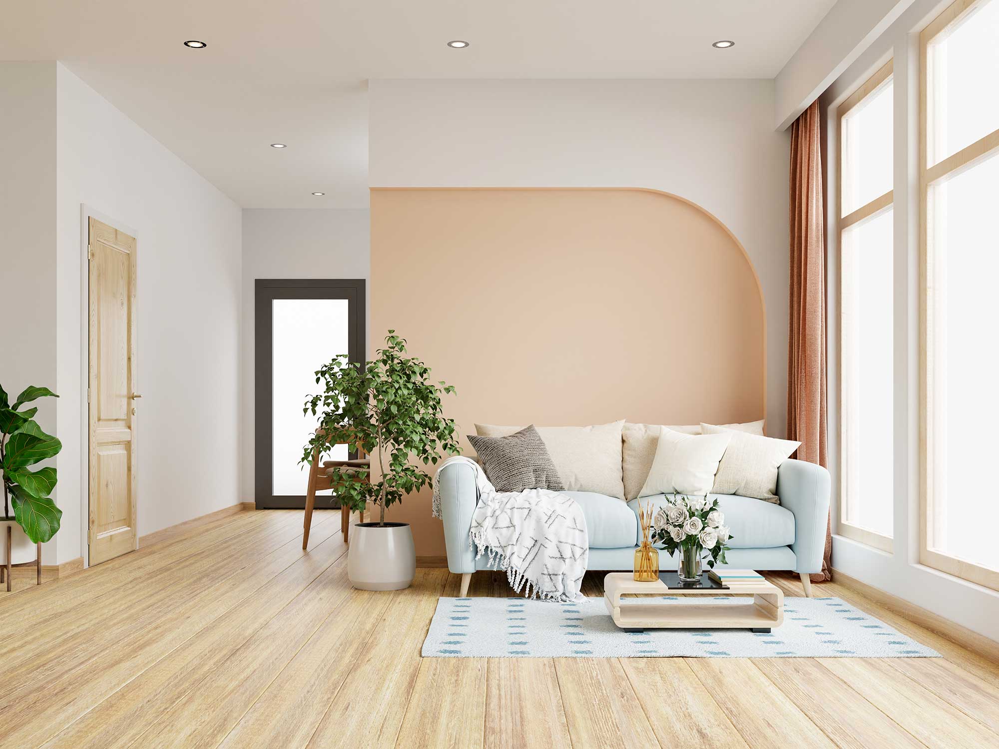Bright and modern living room with freshly painted interior walls in neutral tones.