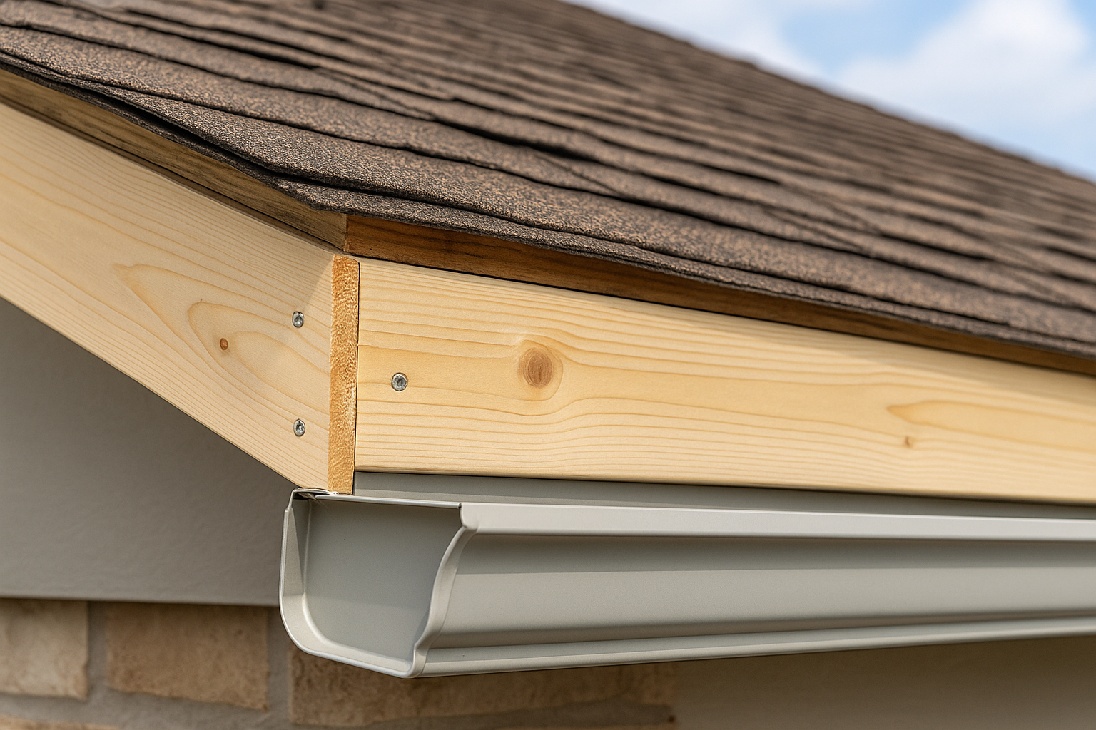 Close-up of wood fascia replacement and gutter realignment performed.